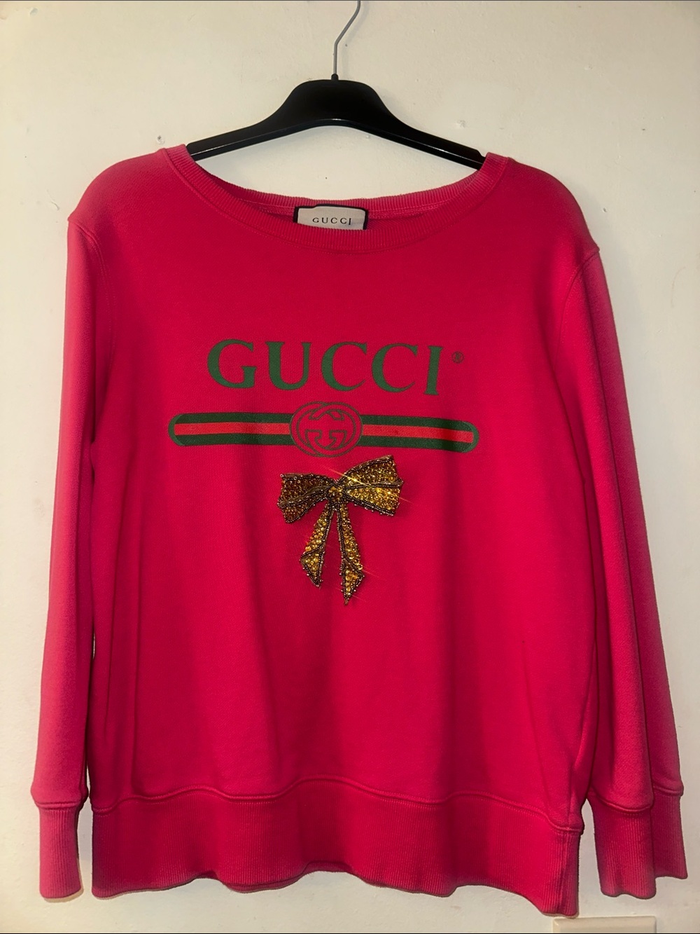 Hot Pink Logo Sweatshirt with Green Stripe and Gold Bow